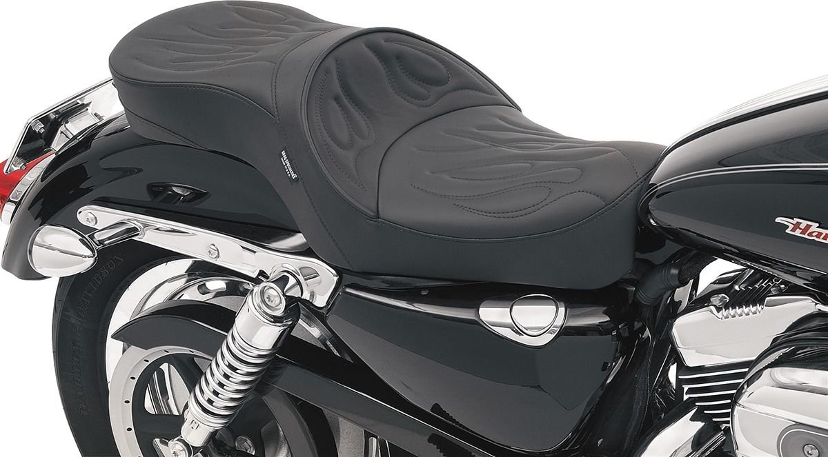 Low-Profile Flame Stitched 2-Up Seat - Black - For 04-18 Harley XL - Click Image to Close