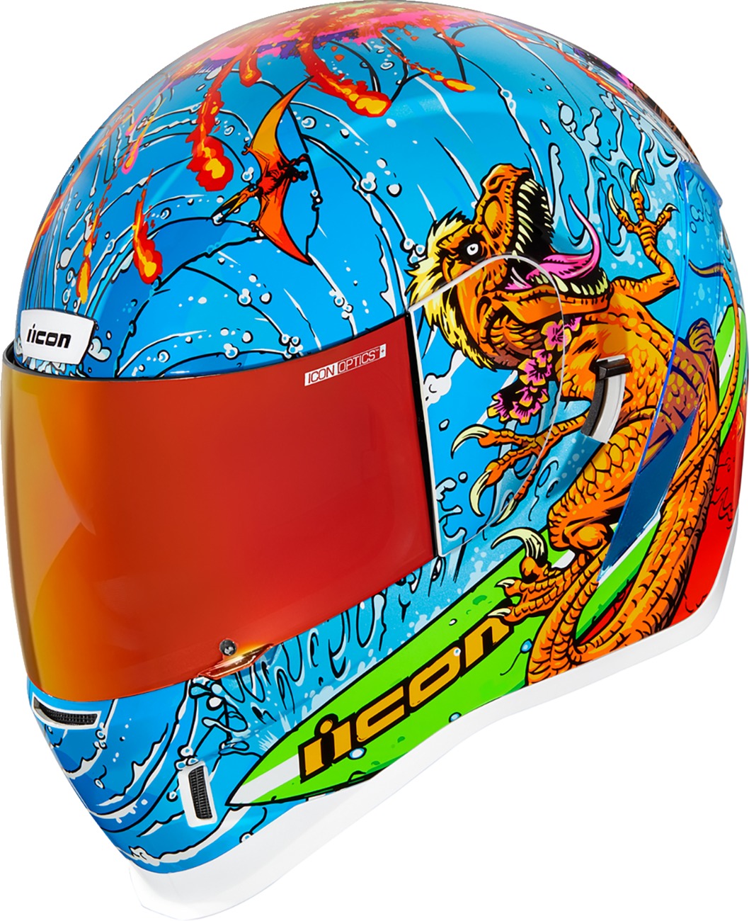 ICON Airform Dino Fury Helmet XL Blue/Green - Full-face helmet with Dino Fury graphic. - Click Image to Close