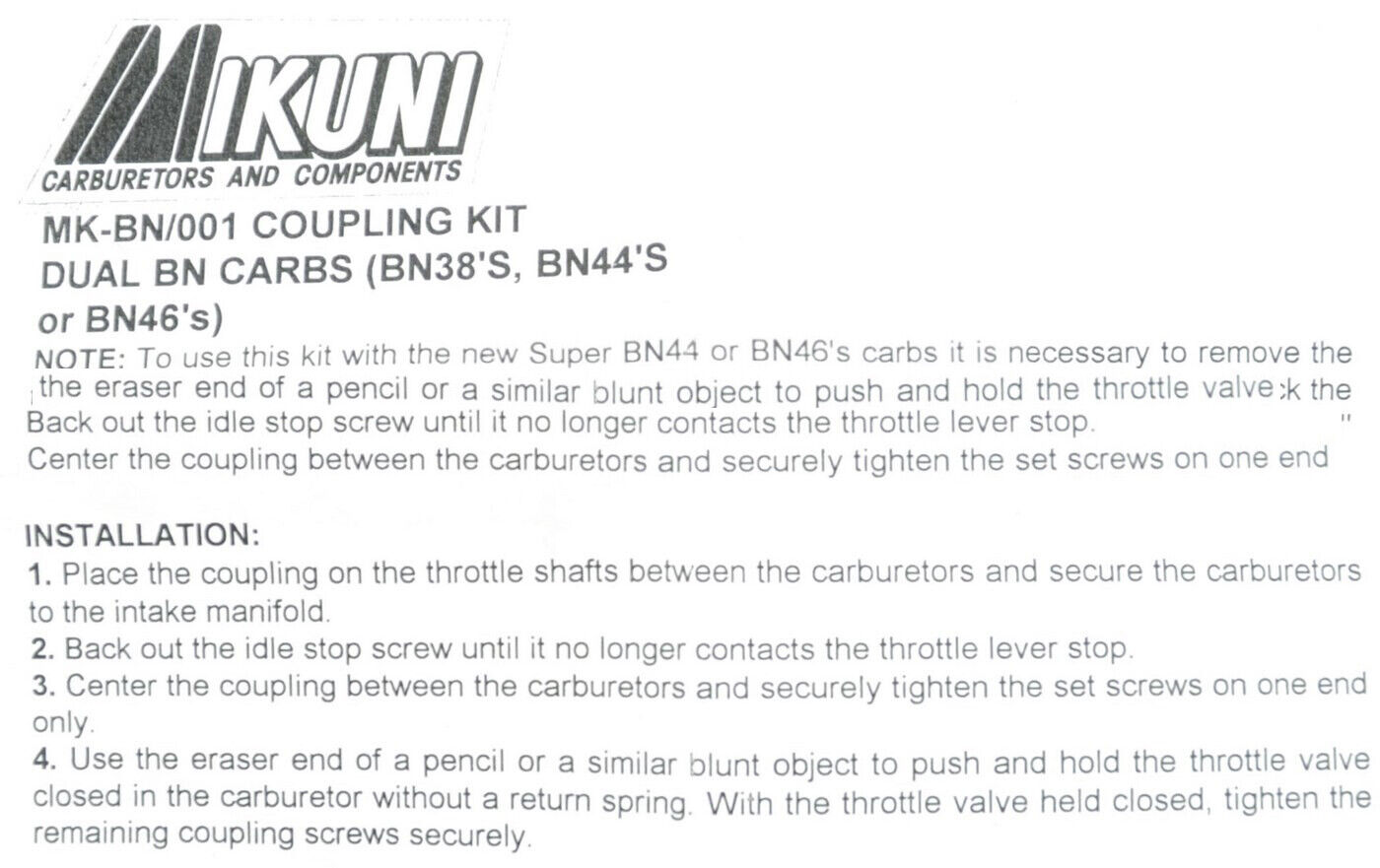 Coupling Kit For Dual Mikuni Super BN Carburetors - Click Image to Close