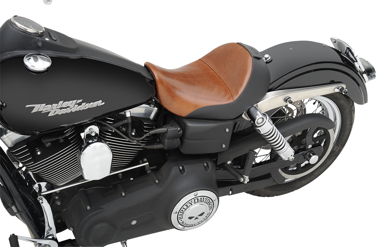 Wide Renegade Lariat Leather Solo Seat Brown Gel Low - For 06-17 Harley Dyna - Click Image to Close