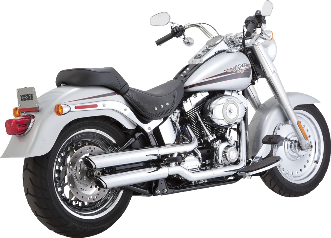 Vance & Hines HD Softail Fatboy 07-17 Twin Slash Chrome PCX Slip-On Exhaust - Click Image to Close