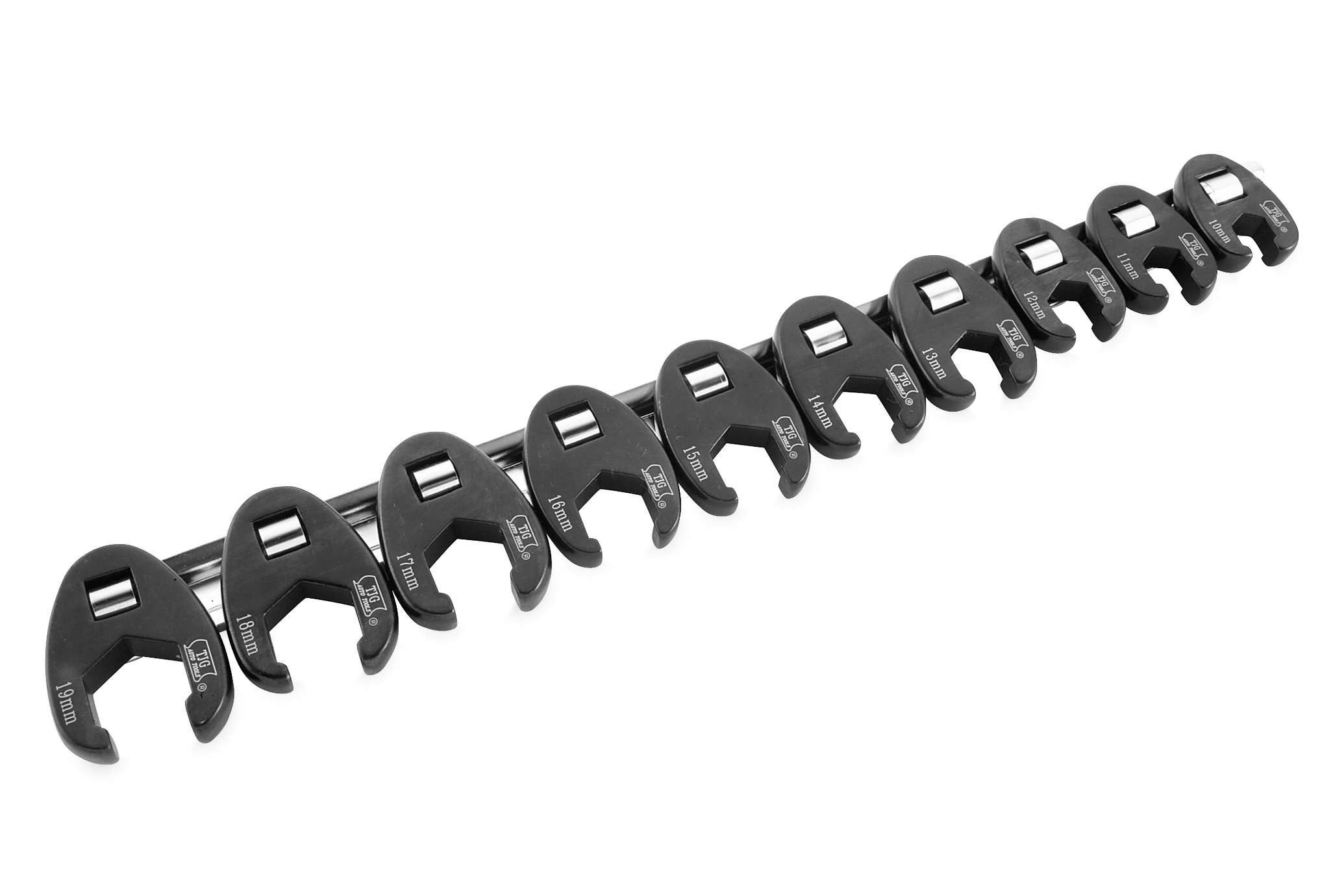 10 Piece 3/8" Drive Metric Flare Crow Foot Wrench Set On Rail - Click Image to Close