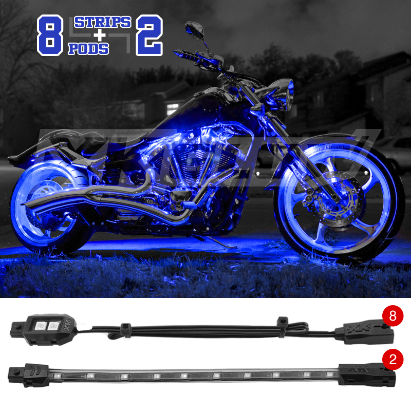 XK Glow Single Color LED Accent Light Motorcycle Kit Blue - 8xPod + 2x8InStrips - Click Image to Close