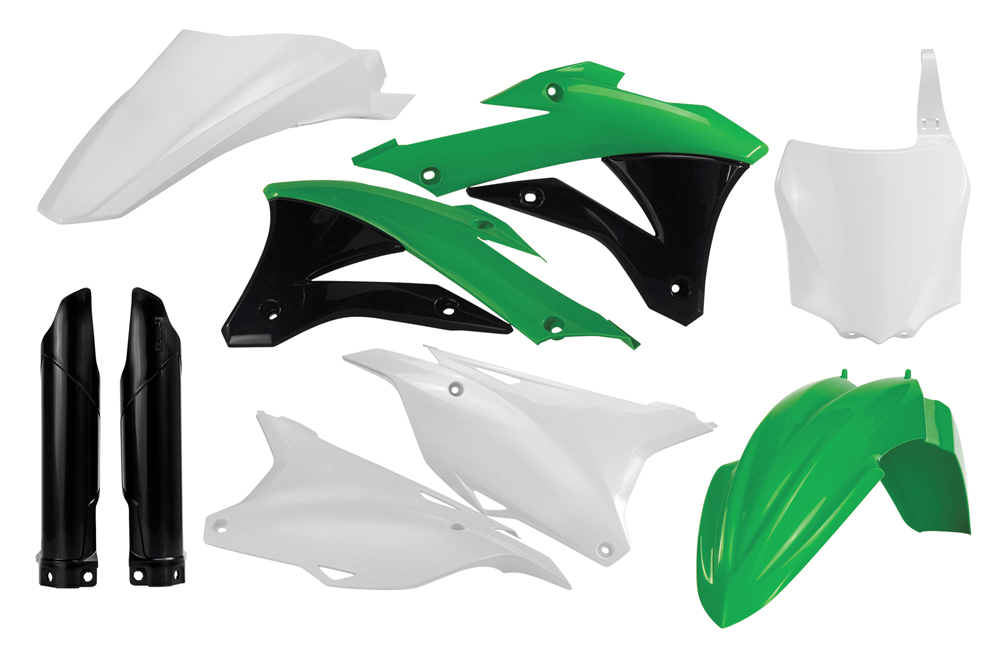 Full Plastic Kit - White/Green/Black Original 2014 - For 14-21 Kawasaki KX85 KX100 - Click Image to Close