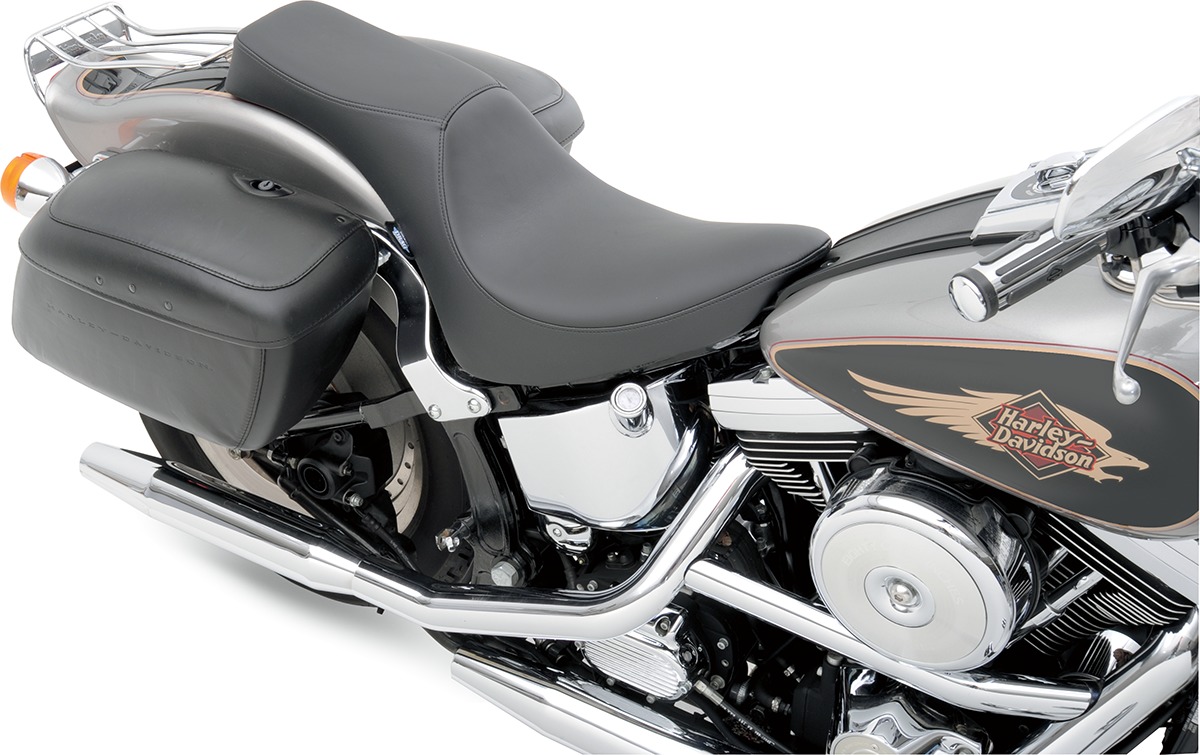 Predator Smooth Leather 2-Up Seat - Black - For 84-99 Harley Softail - Click Image to Close