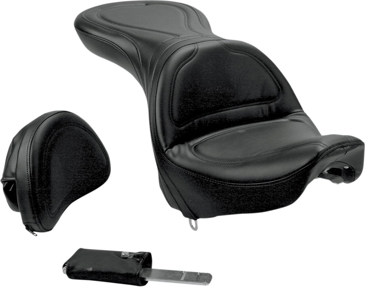 Explorer Stitched 2-Up Seat Black Gel w/Backrest - For 84-99 HD Softail - Click Image to Close