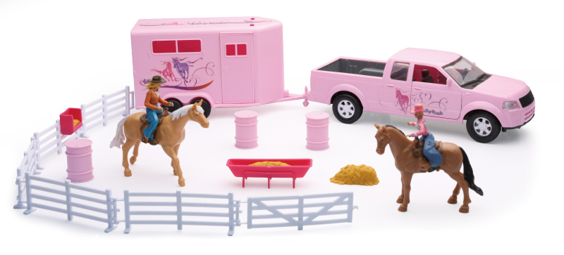 Valley Ranch Set with Pink Pickup Truck and Short Horse Trailer Set - Click Image to Close