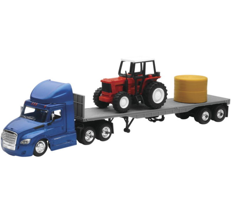 Freightliner Cascadia Flatbed with Farm Tractor and Round Hay Bale/ Scale - 1:43 - Click Image to Close