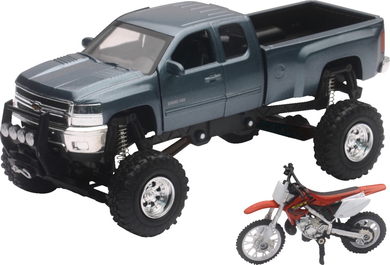 1:32 Scale Truck And Dirt Bike Set - Chvy 4X4 Gry Honda Cr250R - Click Image to Close