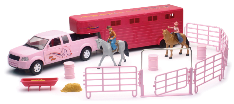 Valley Ranch Set with Pink Pickup Truck and Long Horse Trailer Set - Click Image to Close