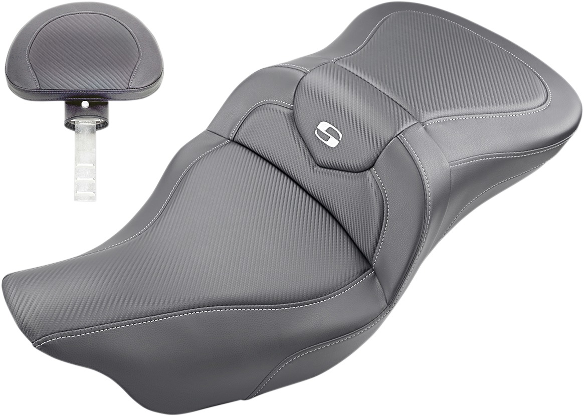 Road Sofa Carbon Fiber 2-Up Seat Black Gel w/Backrest - For Harley - Click Image to Close