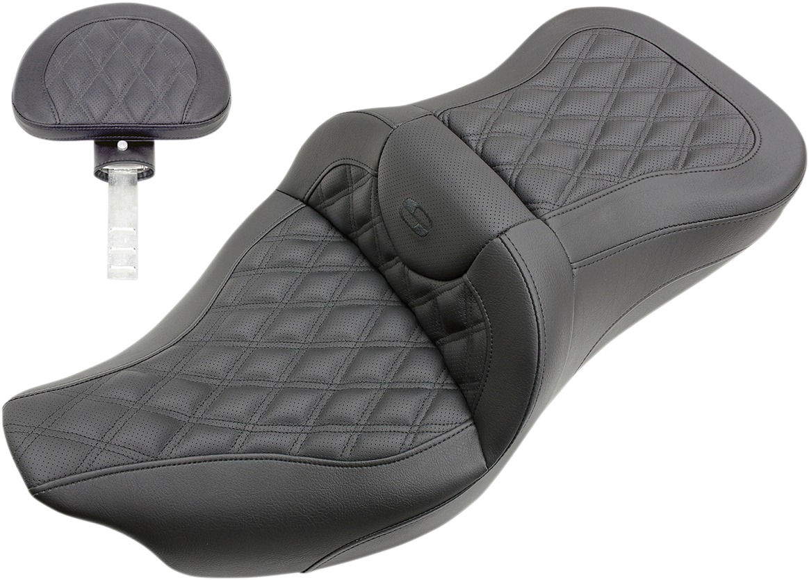 Road Sofa LS Leather 2-Up Seat Gel w/Backrest - For Harley FLH FLT - Click Image to Close