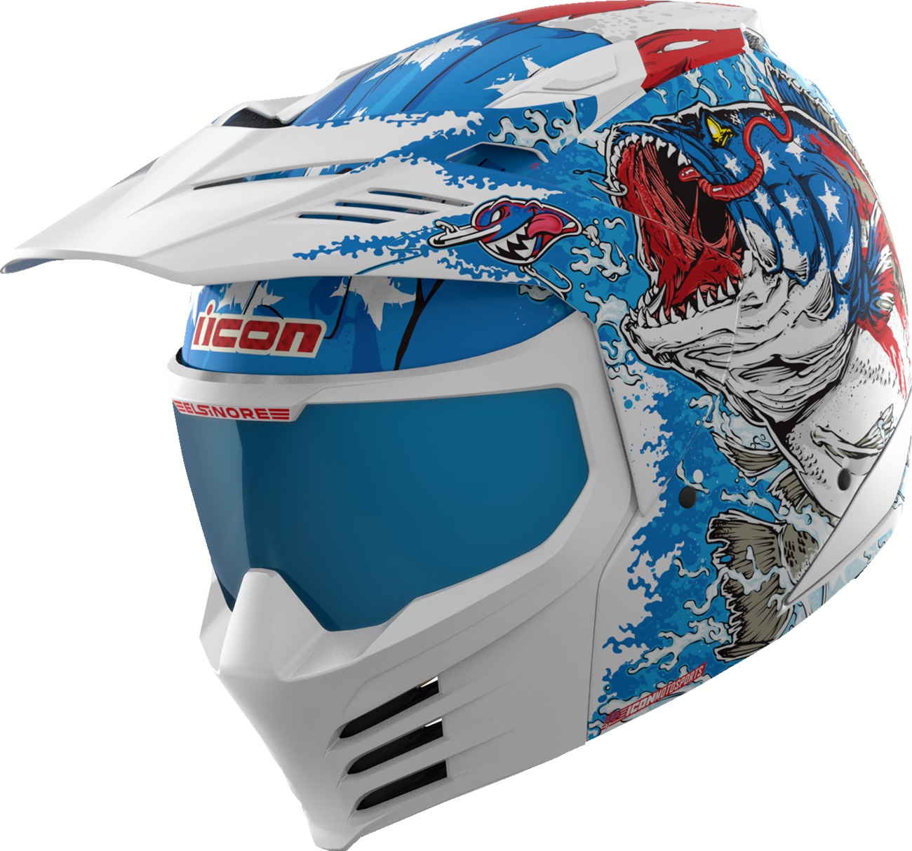 ICON Elsinore American Basstard Helmet Blue/White - S - Modular helmet with fog-free MX Shield - Click Image to Close