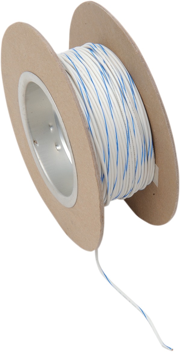 White / Blue 18 Gauge OEM Color Match Primary Wire - 100' Spool - Click Image to Close