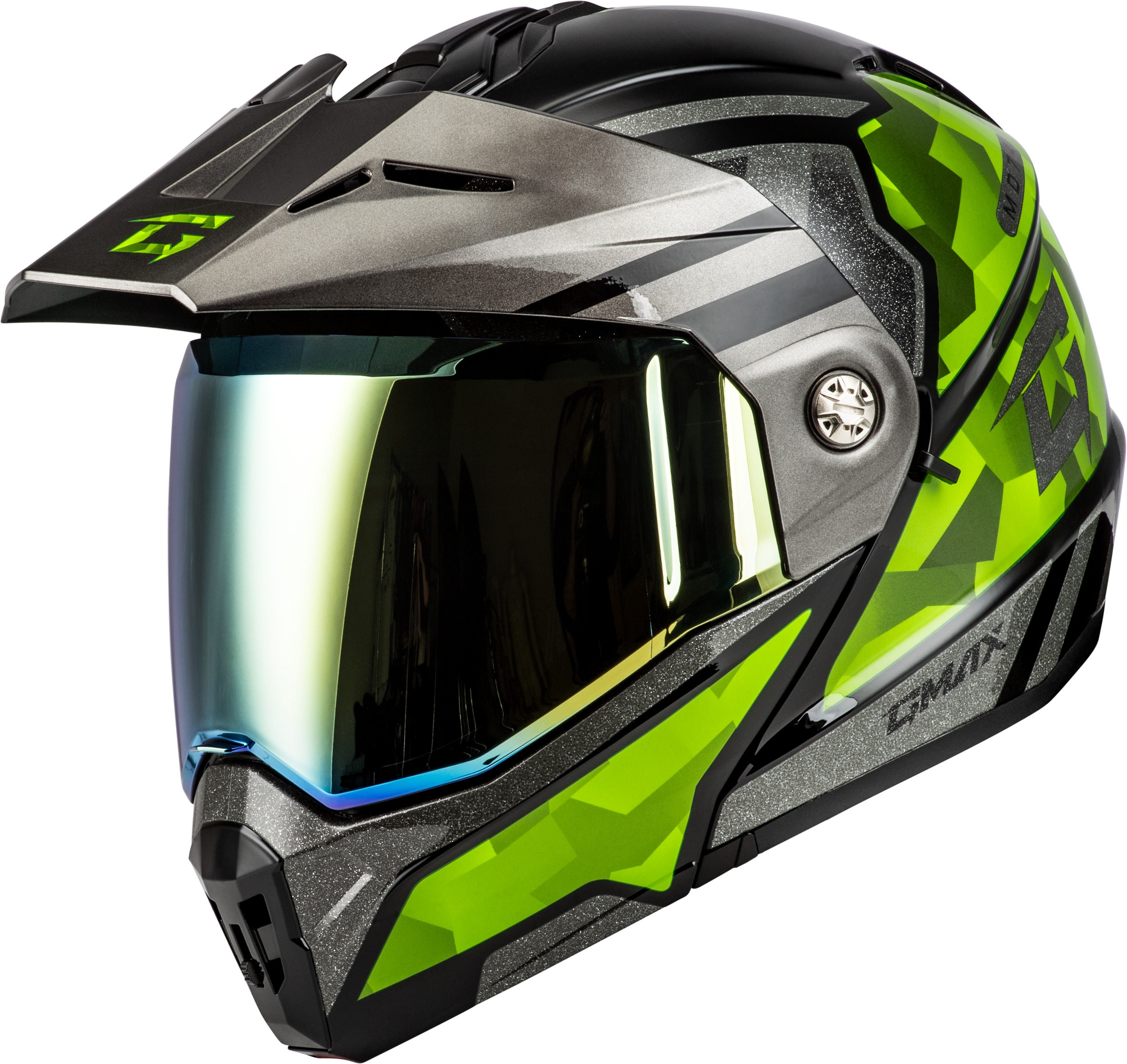 GMAX MD-74 Striker Modular Helmet, Black/Silver/Green, Small - Modular helmet with gold shield, size small - Click Image to Close