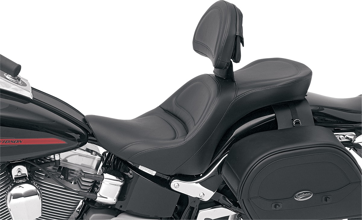 Explorer Stitched 2-Up Seat Black Gel w/Backrest - For Harley Softail - Click Image to Close