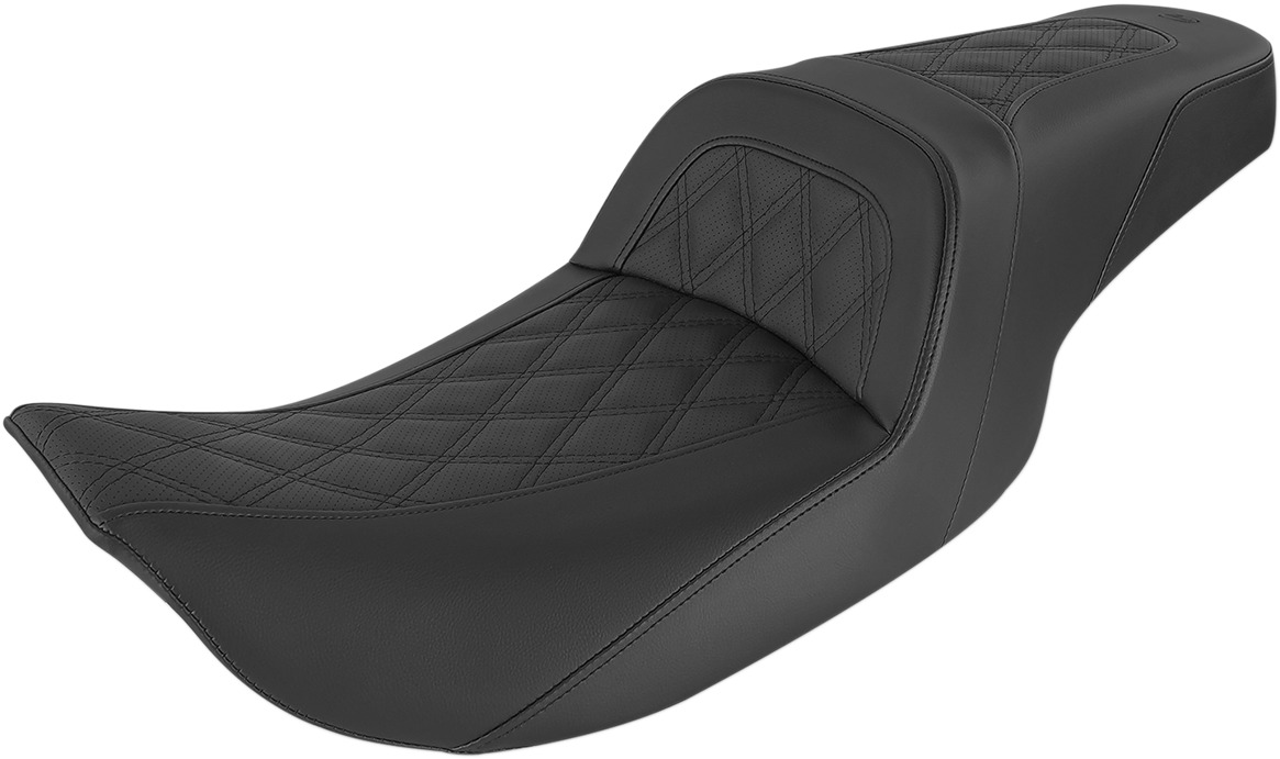 *OPN BOX* Slim Lattice Stitched 2-Up Seat Black Gel - For Harley FLHR FLHX - Click Image to Close