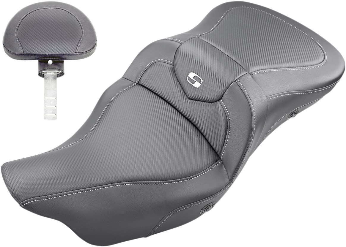 Heated Road Sofa Carbon Fiber 2-Up Seat Gel w/Backrest - For Harley - Click Image to Close