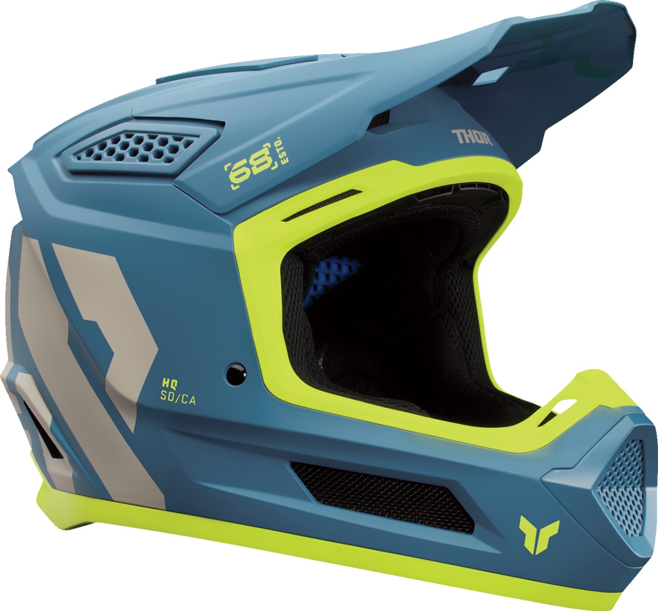 Thor Fleet Forge Helmet - M, Matte Gray/Blue/Fluorescent Yellow - MX helmet with ERT and dual-density EPS liner - Click Image to Close