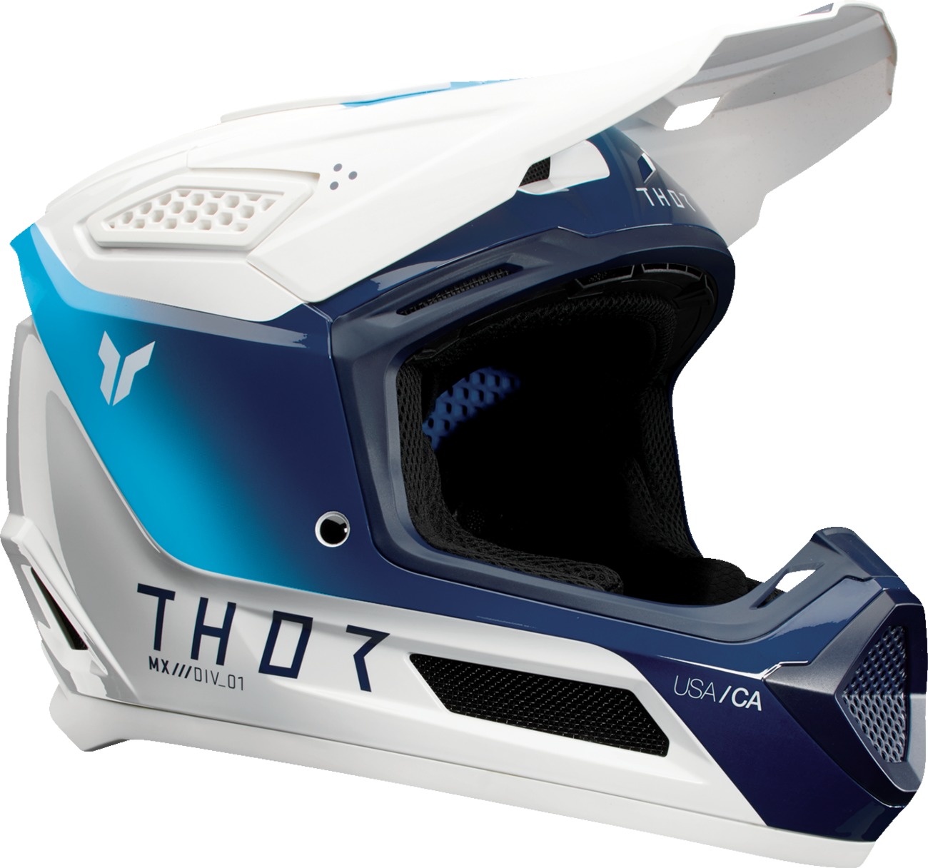 Thor Fleet Storm Helmet Gloss White/Navy/Blue M - MX helmet with ERT tech, gloss white/navy/blue - Click Image to Close