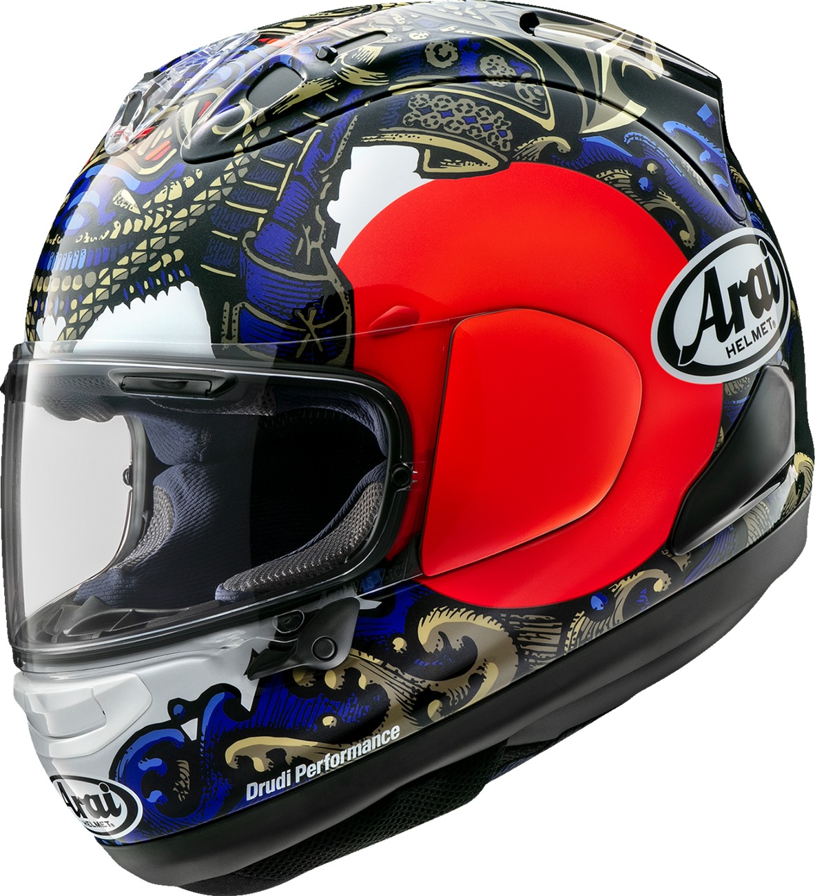 Arai Corsair-X Shogun Helmet XS Blue/Gold/White/Black/Red - Premium full-face helmet with Shogun graphic - Click Image to Close