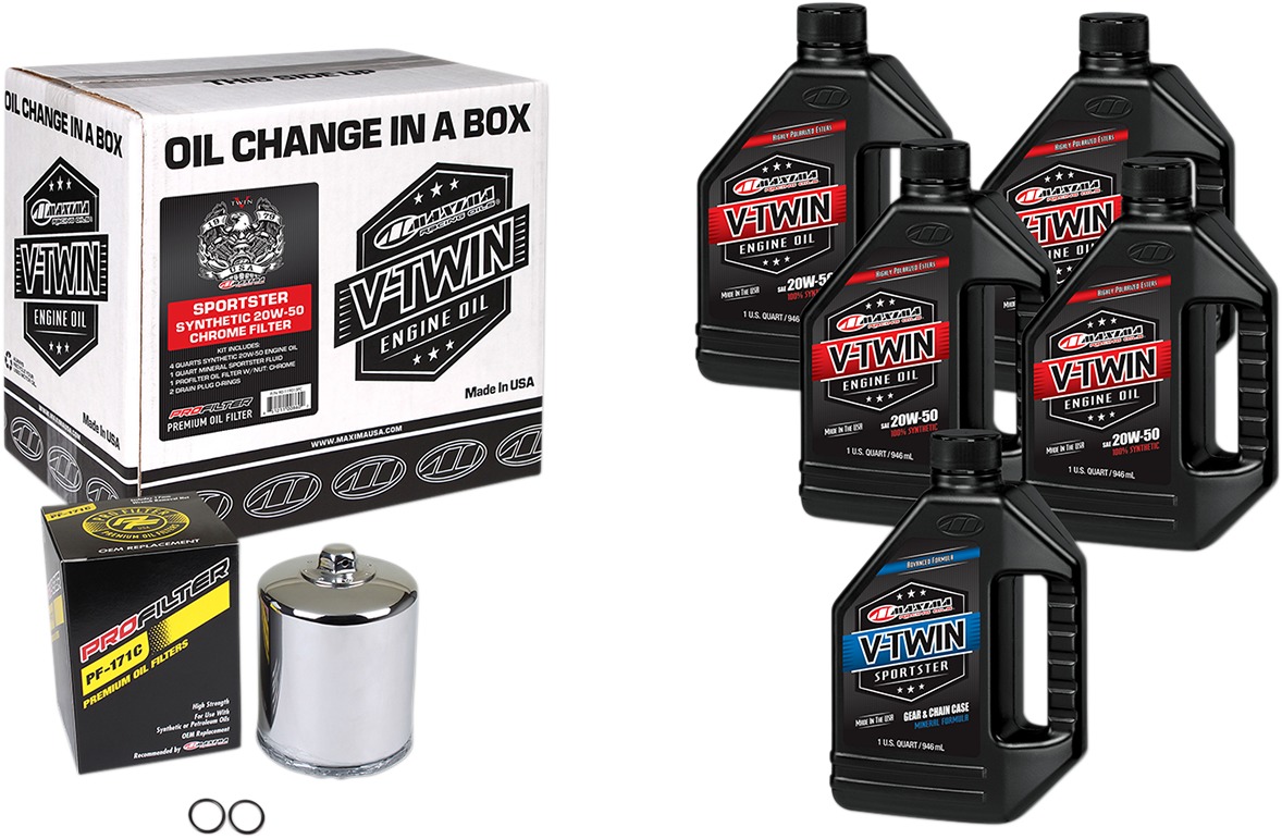 V-Twin Oil Change Kit Synthetic w/ Chrome Filter Sportster - Click Image to Close