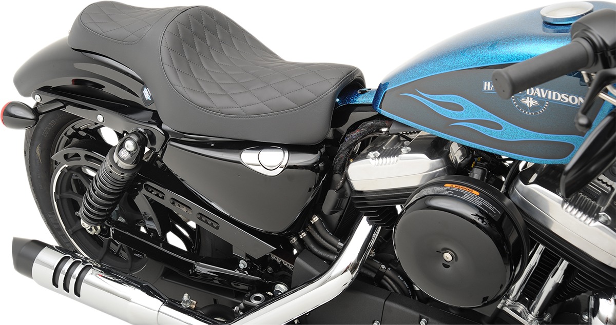 Caballero Diamond SR Leather 2-Up Seat - Black - For 04-20 Harley XL - Click Image to Close