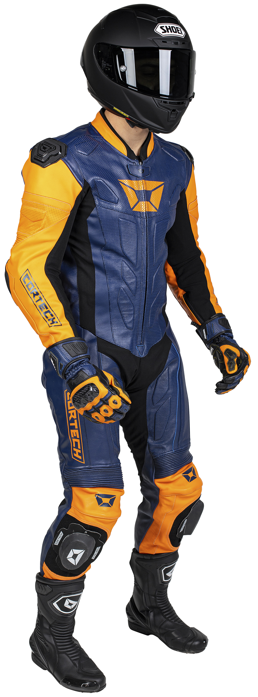 Men's Apex V1 RR Leather One-Piece Race Suit Orange/Blue Large - Click Image to Close