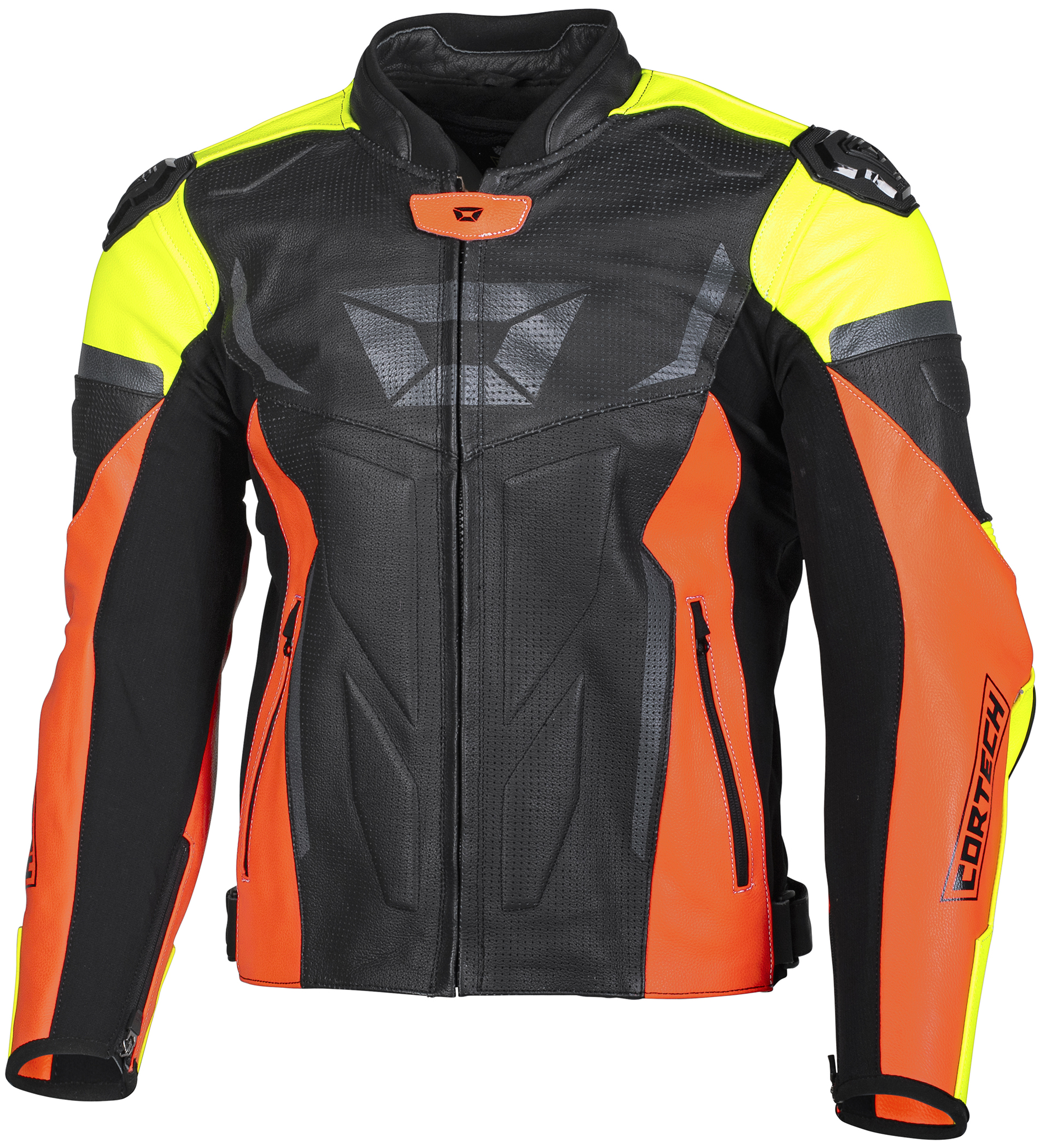 Men's Apex V1 Leather Armored Riding Jacket Fluo.Red/HiViz 2X-Large - Click Image to Close