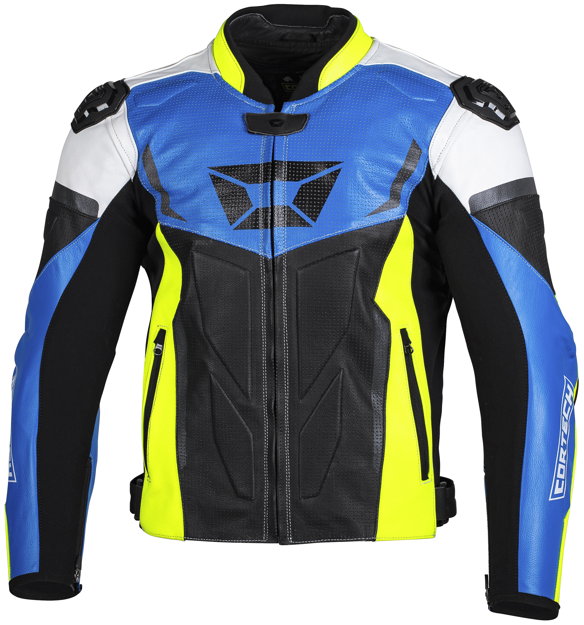 Men's Apex V1 Leather Armored Riding Jacket Blue/HiViz 2X-Large - Click Image to Close