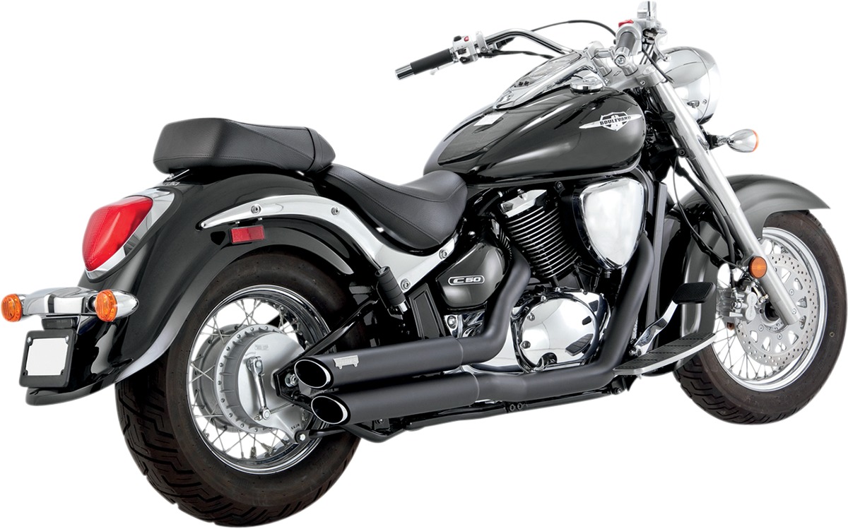 Twin Slash Staggered Black Full Exhaust - For 01-09 Suzuki Volusia 800 - Click Image to Close