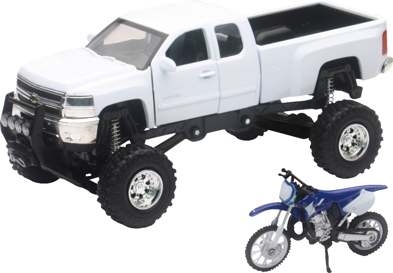 1:32 Scale Truck And Dirt Bike Set - Chvy 4X4 Wht Yamaha Yz125 - Click Image to Close