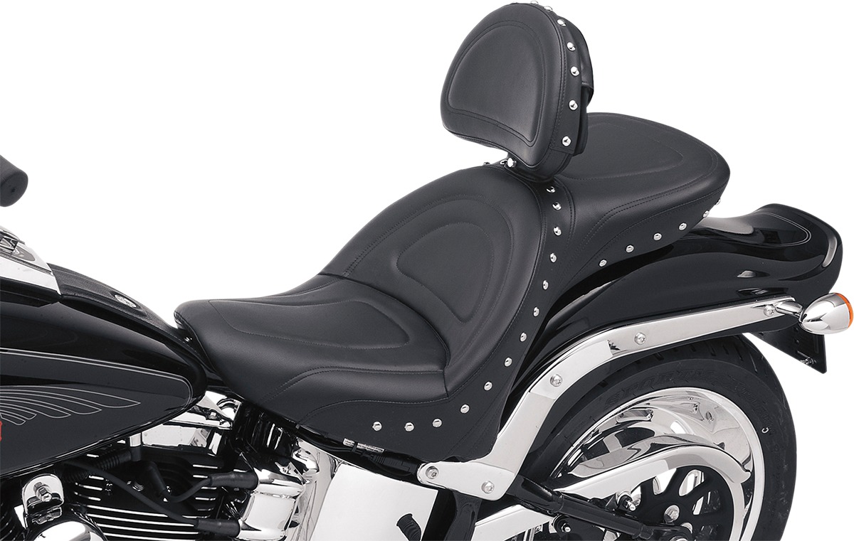 Explorer Special Studded 2-Up Seat Black Gel w/Backrest - For 00-06 HD Softail - Click Image to Close