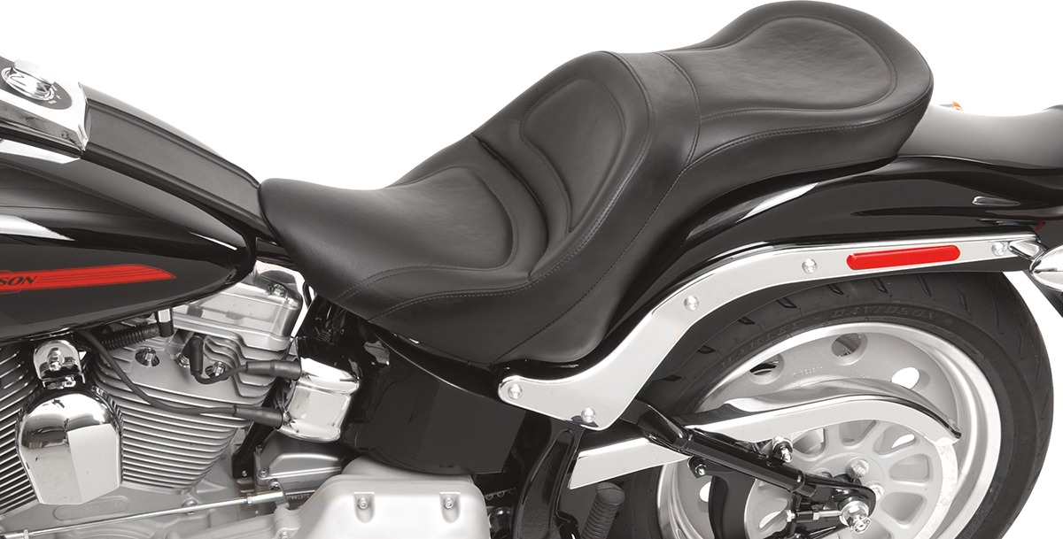 Explorer Stitched 2-Up Seat Black Gel - For Harley Softail - Click Image to Close