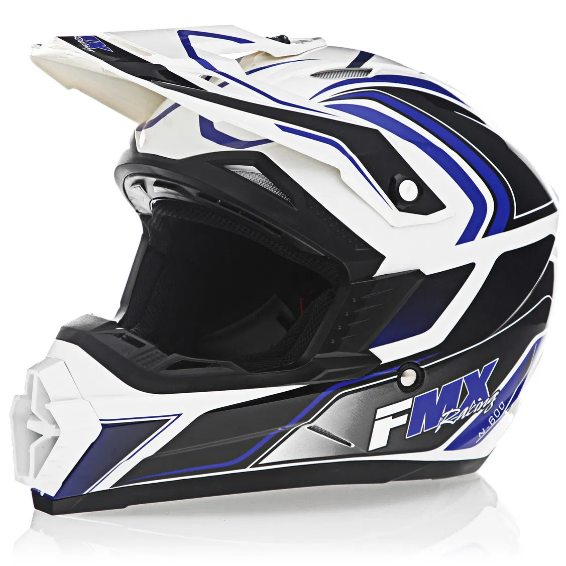 FMX N-600 Youth Small Motocross Helmet, White & Blue, Double D Closure, DOT - Click Image to Close