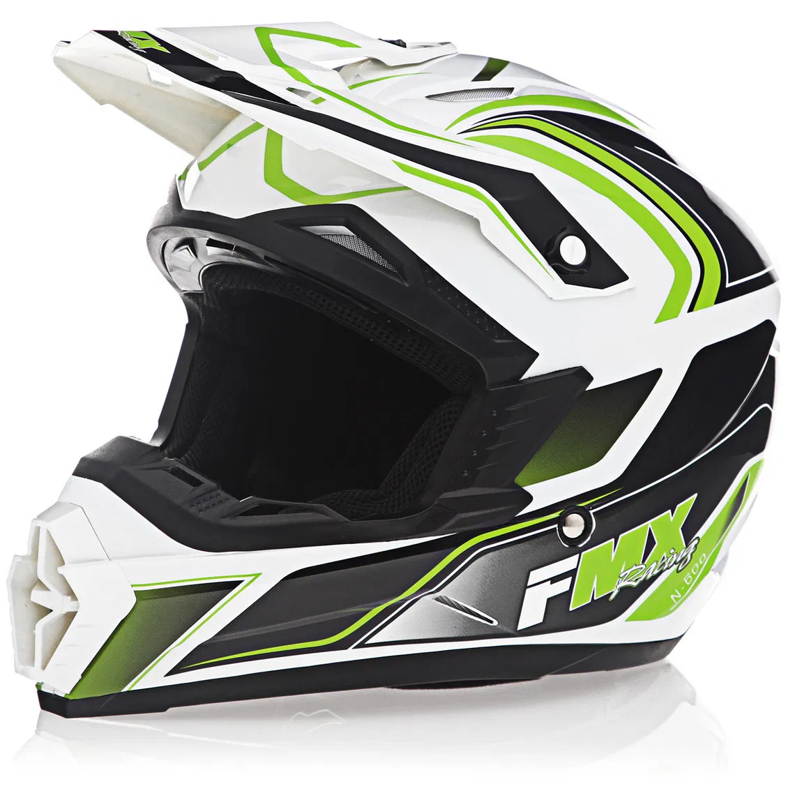 FMX N-600 Youth Medium Motocross Helmet, White & Green, Double D Closure, DOT - Click Image to Close