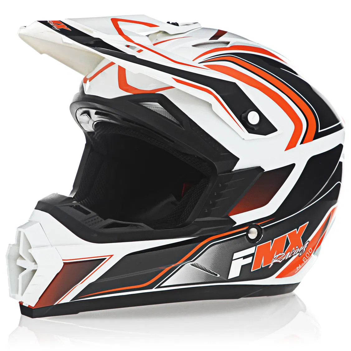 FMX N-600 Medium Motocross Helmet, White & Orange, Double D Closure, DOT - Click Image to Close