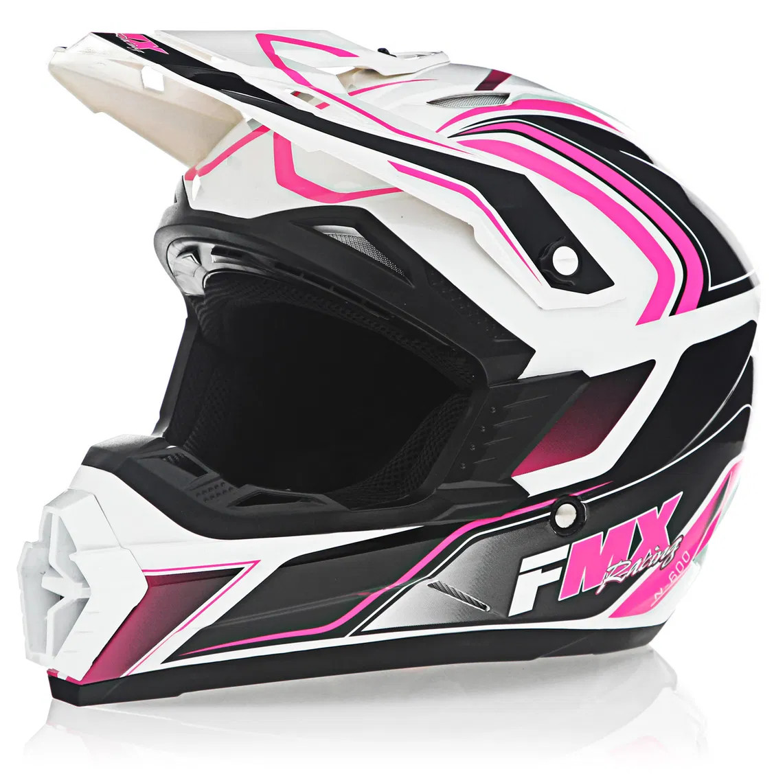 FMX N-600 2X-Large Motocross Helmet, White & Pink, Double D Closure, DOT - Click Image to Close