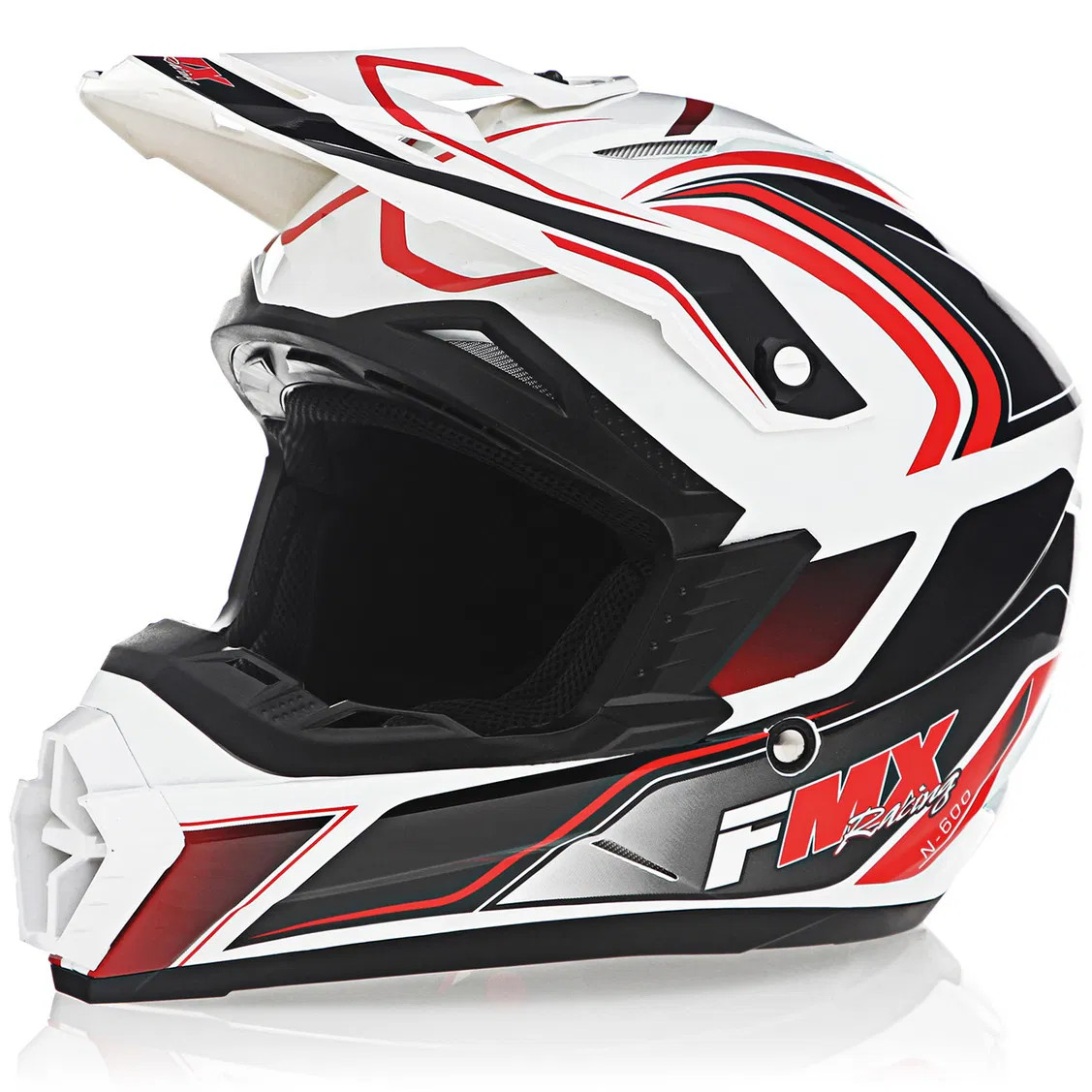 FMX N-600 Youth Small Motocross Helmet, White & Red, Double D Closure, DOT - Click Image to Close