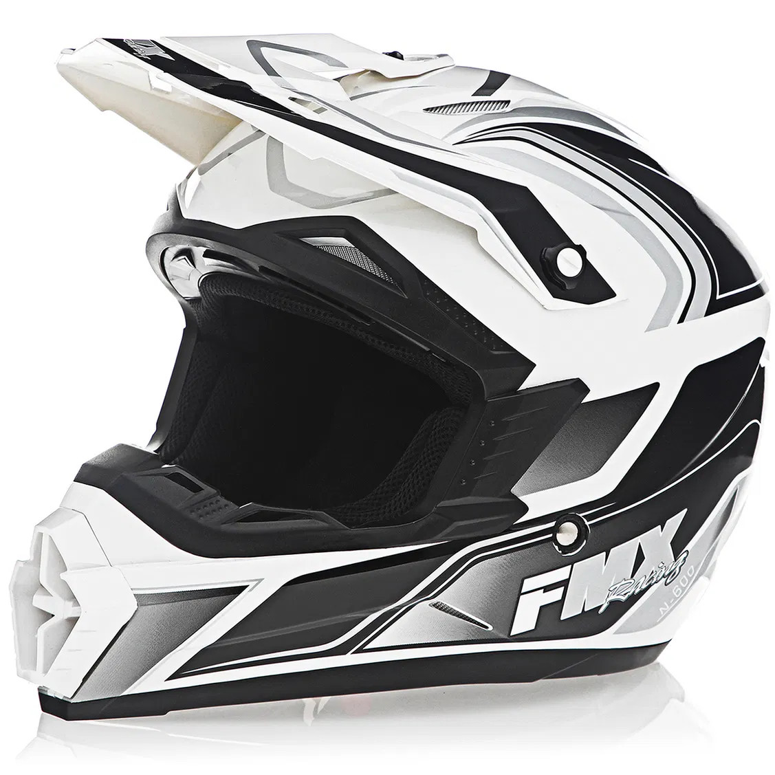 FMX N-600 Youth Small Motocross Helmet, White & Silver, Double D Closure, DOT - Click Image to Close