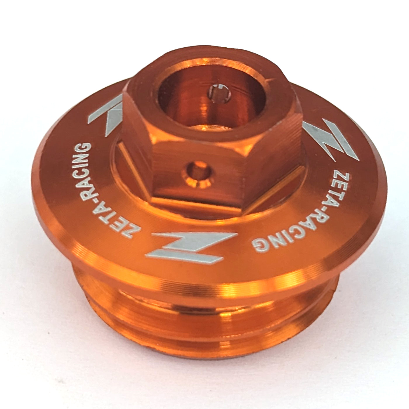 Orange Billet Oil Filler Plug w/ Safety Wire Holes - M24 x 3 Threads w/ 30mm Head - 14mm Hex - Click Image to Close