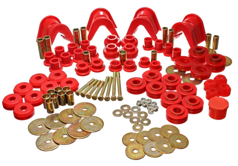 66-77 Ford Bronco 4WD (w/ 4 Deg C-Bushings) Red Hyper-Flex Master Bushing Set - Click Image to Close