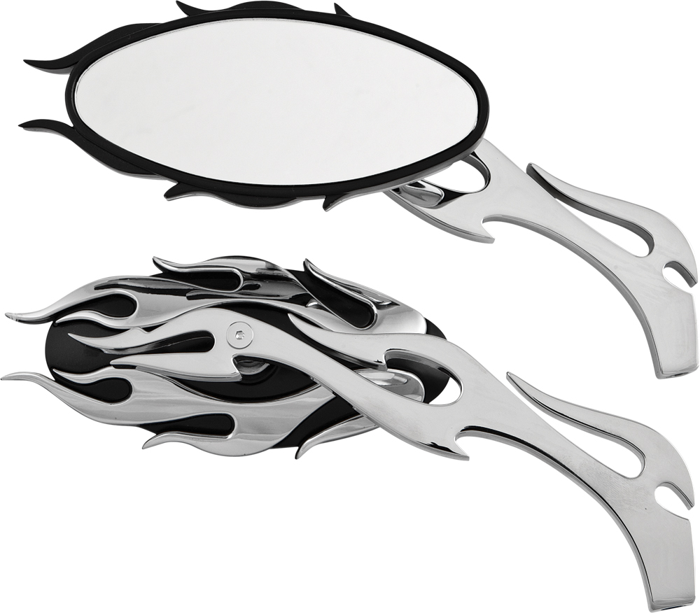 Flame Mirror Set W/flame Stem Black/chrome - for Harley Davidson - Click Image to Close