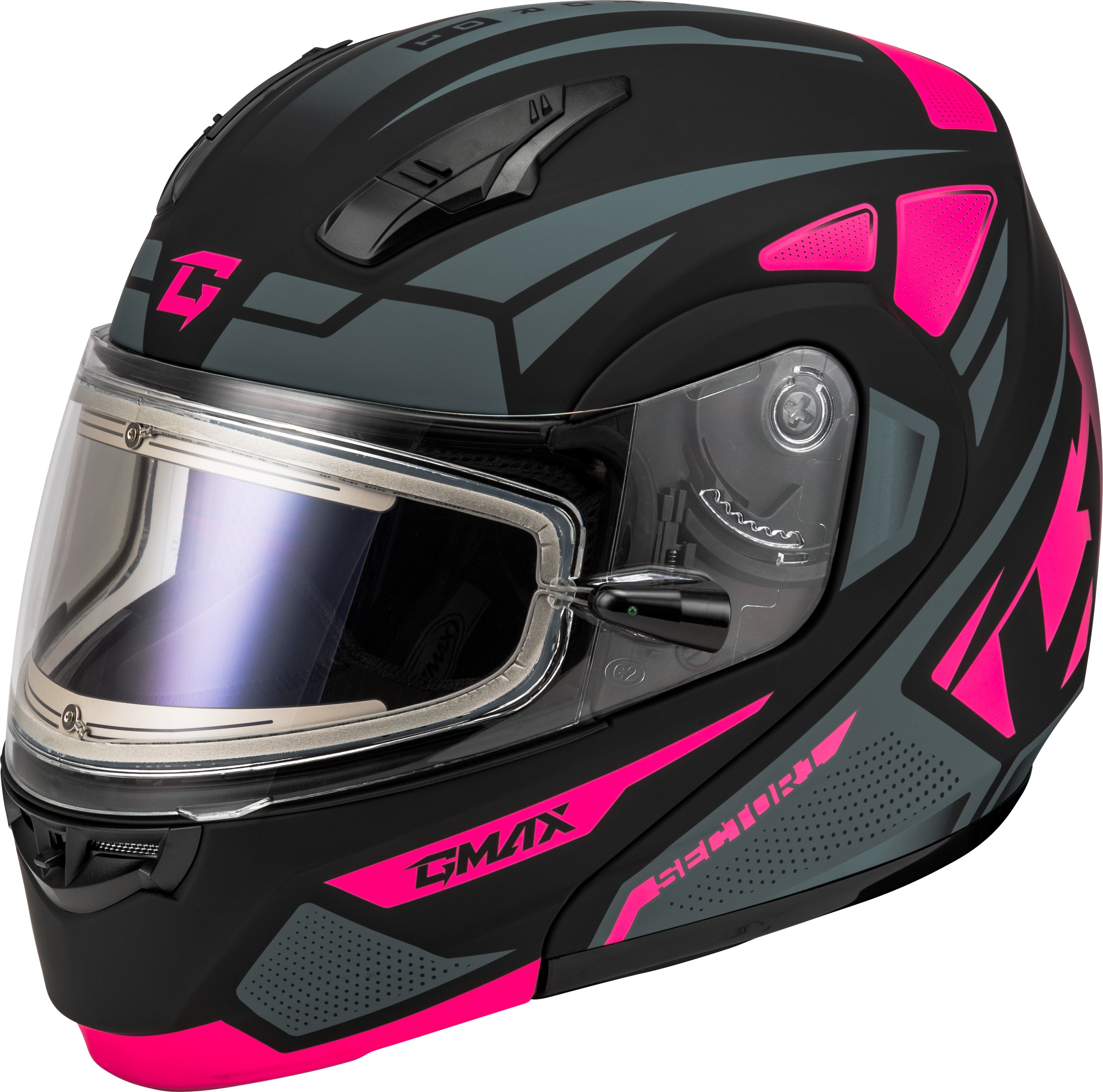 GMAX MD-04S Sector Snow Helmet w/ Elec Shield For X-Large - Matte Black/Pink Helmet For X-Large - Click Image to Close