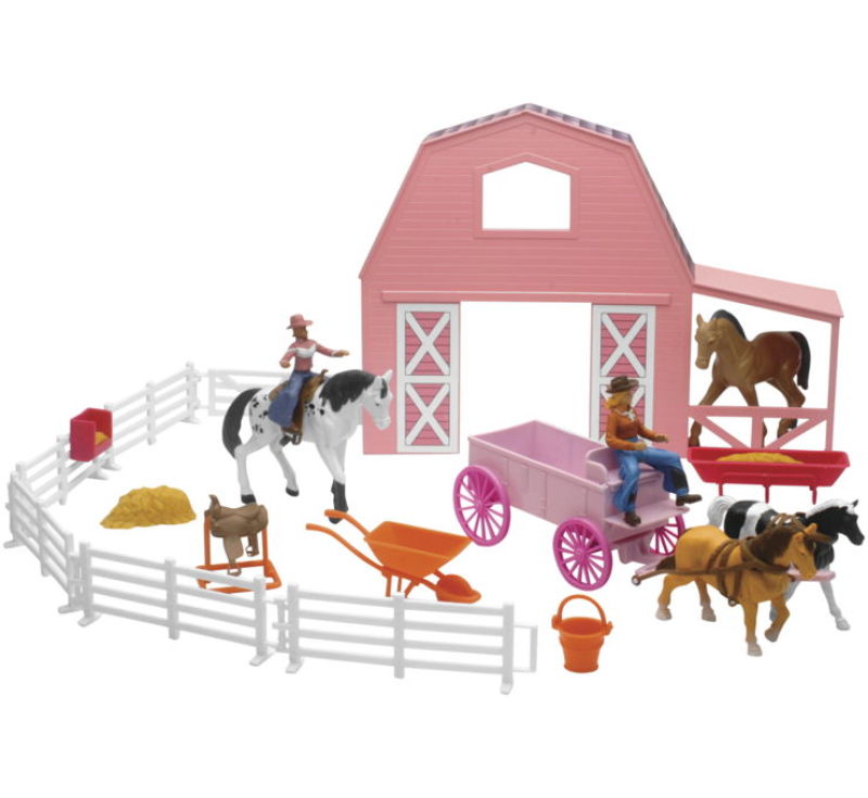 Valley Ranch Set with Pink Barn, Horses, Cowgirls and Fences/ Scale 1:32 - Click Image to Close