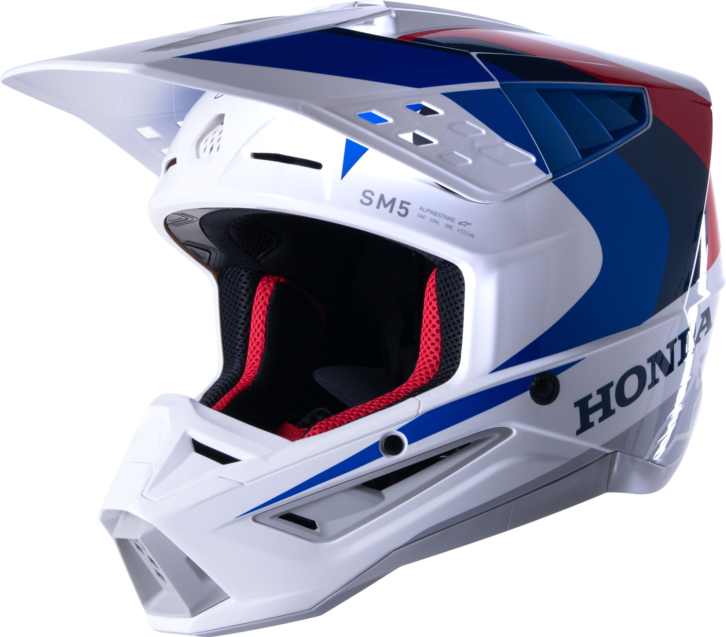 Alpinestars S-M5 Helmet Glossy White/Blue/Red For Honda Small - Glossy Honda S-M5 helmet in Small size - Click Image to Close