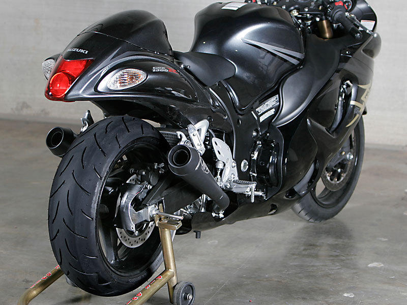 Black Retro Drag Dual Slip On Exhaust - For 08-20 Suzuki Hayabusa - Click Image to Close