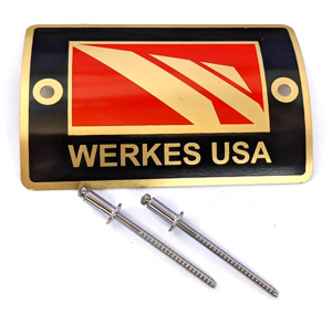 Nameplate For CompWerkes Mufflers - 72mm x 46mm w/ 59mm Mounting Hole Spacing
