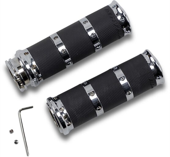 Performance Machine XL Rubber Handle Grip Set Chrome Black Dual Cable