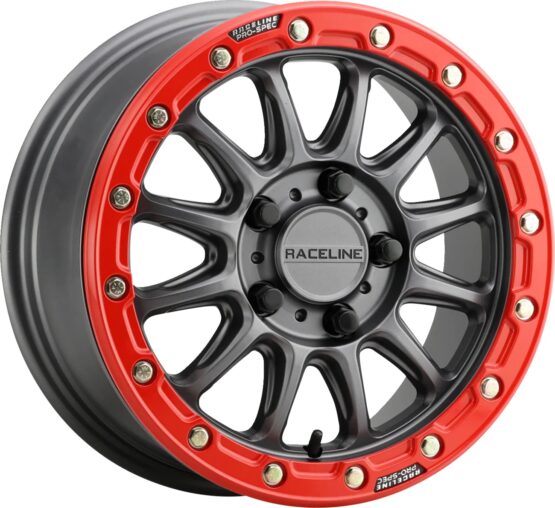 Raceline Alpha Beadlock Wheel Gunmetal/Red 15x7 4x137 +10 For ATV/UTV
